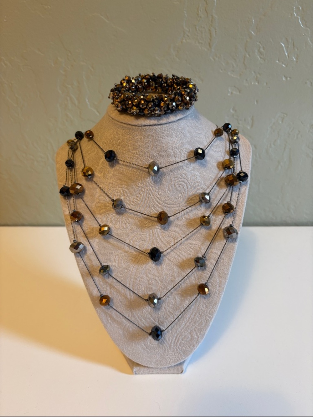 Multi-strand Faceted Bead Necklace and Bracelet Set - Gold and Black Tones